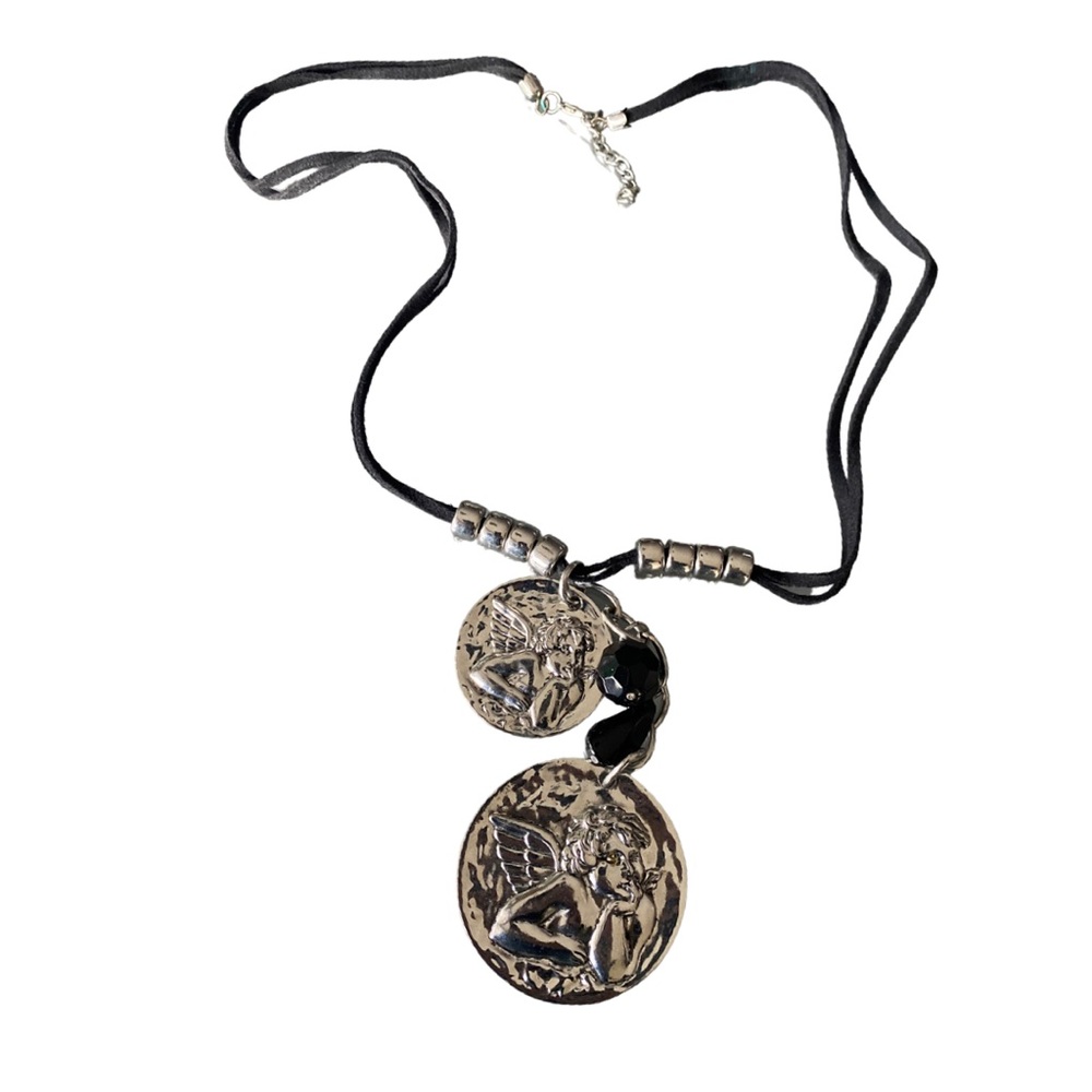 Angel Medallion and Leather Drop Necklace